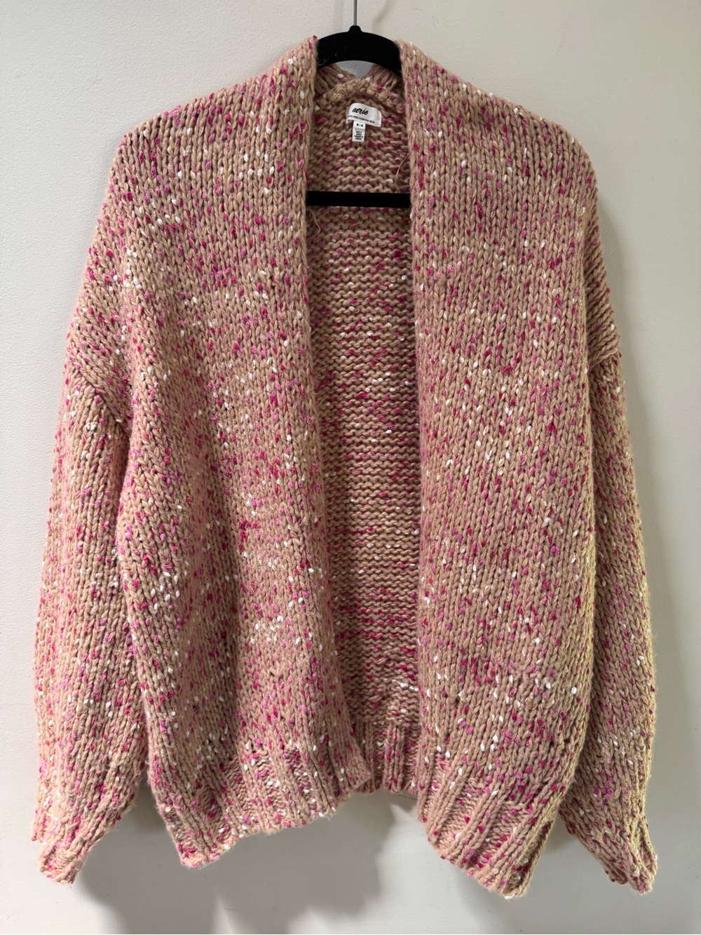 aerie Pink Speckled Open-Front Knit Cardigan